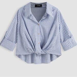 COTTON-BLEND COLLAR STRIPED KNOTTED ROLL-UP LONG SLEEVE SHIRT 
blue&white Sz:0XL
